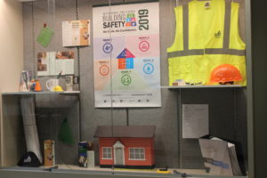2019 Building Safety Month display case in the atrium of the City Building