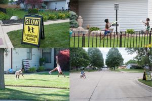 Collage of pictures of children playing along with a "children at play" sign