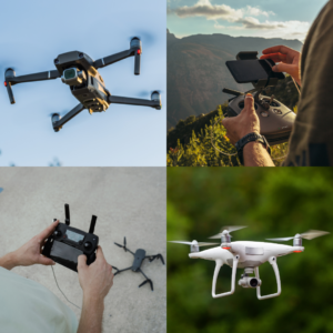 Collage of four images. Upper left: a foldable drone in flight. Upper right: a drone operator's hands with a controller. Lower left: a drone on the ground near a drone operator. Lower right: A larger drone in flight.