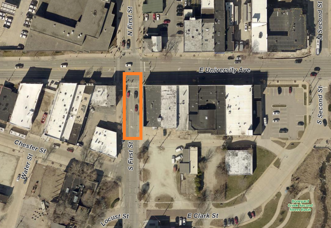 Map of First Street lane closure between Chester and University