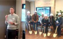 Picture collage of Neighborhood Services Director Rob Kowalski on the left and a group picture that includes City Manager, Dorothy David, Deputy City Manager Joan Walls, and a few others holding shovels to simulate a ground breaking since the event was held inside due to weather.