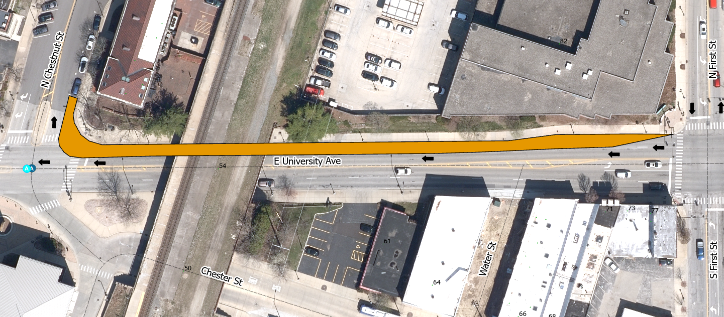 Map of University Avenue between Chestnut and First