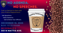 Graphic of the Coffee With a Cop event, listing the details of the event and a picture of a cup of coffee