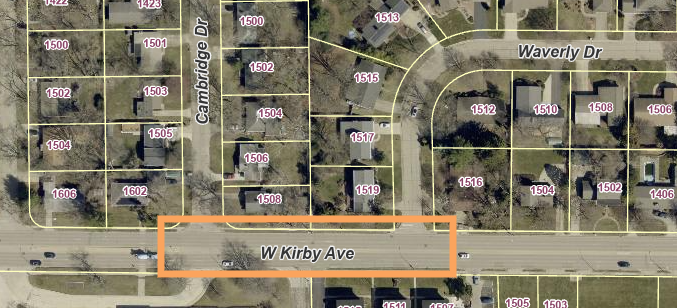 Aerial view of Kirby Avenue between Cambridge and Waverly Drives