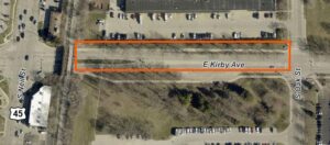 An overhead map of Kirby Avenue with the portion of the road between Oak Street and Neil Street indicated by an orange rectangle.