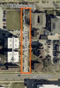 Overhead map of Second Street with the portion between Armory Avenue and Gregory Avenue indicated by an orange rectangle.