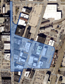 Aerial image of Downtown Champaign with Friday Night Live Downtown Festival District area shaded in blue.