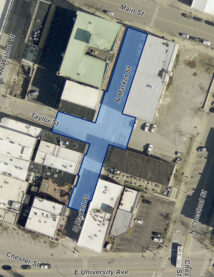 Aerial image of Downtown Champaign with The Beat on Market Street Downtown Festival District area shaded in blue.