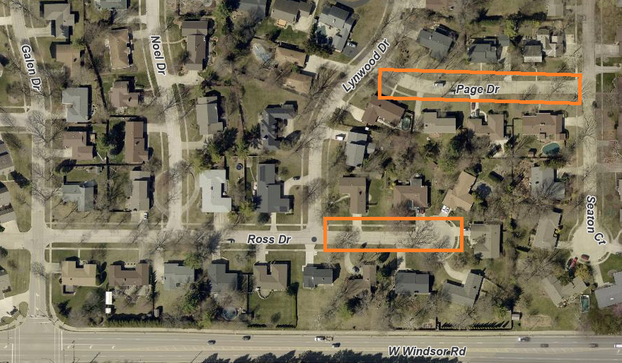 Map showing Ross Drive between Lynwood and cul-de-sac on east and Page Drive between Lynwood and Seaton