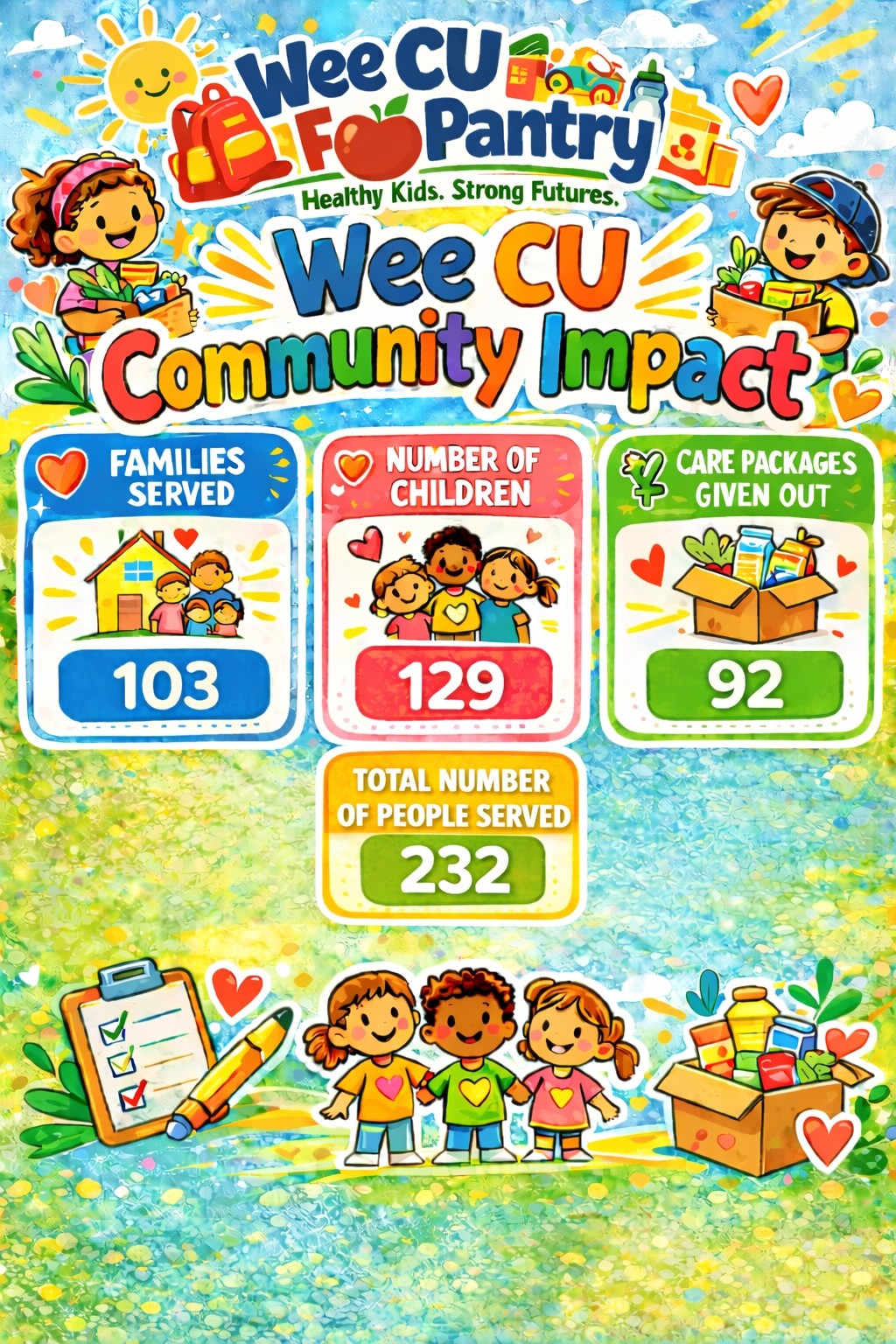 Wee CU Food Pantry Community Impact poster showing 232 total number of people served